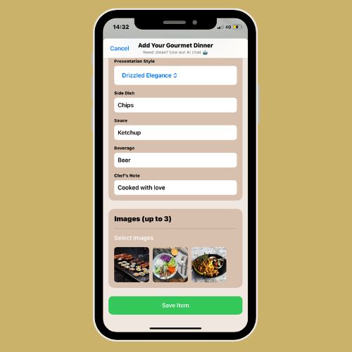 Dinner View with notes and images in WifeyApp