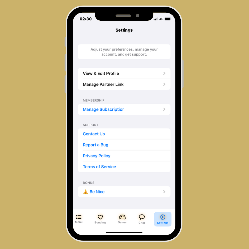 WifeyApp Settings Menu